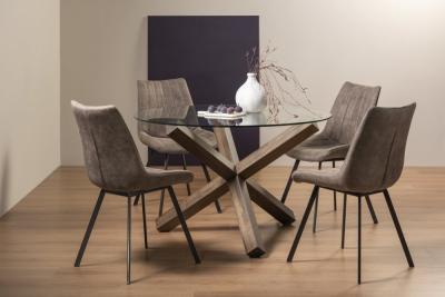 Bentley Designs Turin Glass 4 Seater Round Dining Table Dark Oak Legs With 4 Fontana Tan Faux Suede Fabric Chairs