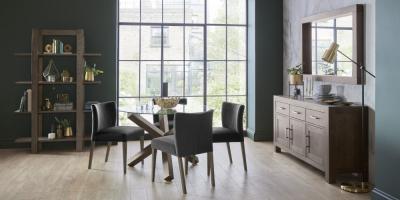 Bentley Designs Turin Glass 4 Seater Round Dining Table Dark Oak Legs With 4 Low Back Chairs In Gun Metal Velvet