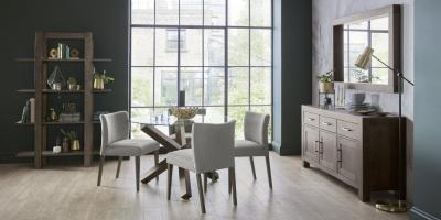 Bentley Designs Turin Glass 4 Seater Round Dining Table Dark Oak Legs With 4 Low Back Chairs In Pebble Grey Fabric