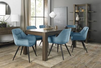 Bentley Designs Turin Dark Oak Large 68 Seater Extending Dining Table With 6 Dali Petrol Blue Velvet Chairs