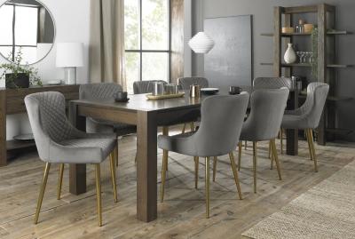Bentley Designs Turin Dark Oak 610 Seater Extending Dining Table With 8 Cezanne Grey Velvet Chairs Gold Legs