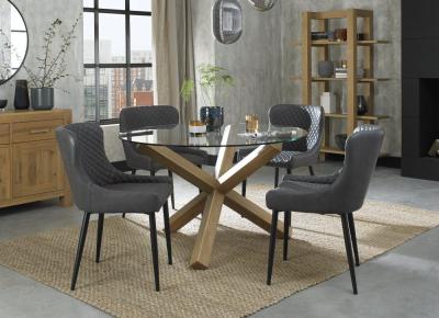 Bentley Designs Turin Glass 4 Seater Dining Table Light Oak Legs With 4 Cezanne Dark Grey Faux Leather Chairs Black Legs