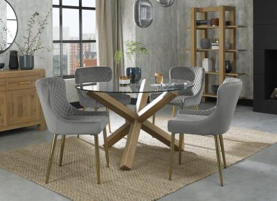 Product photograph of Bentley Designs Turin Glass 4 Seater Dining Table Light Oak Legs With 4 Cezanne Grey Velvet Chairs - Gold Legs from Choice Furniture Superstore