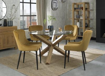Product photograph of Bentley Designs Turin Glass 4 Seater Dining Table Light Oak Legs With 4 Cezanne Mustard Velvet Chairs - Black Legs from Choice Furniture Superstore
