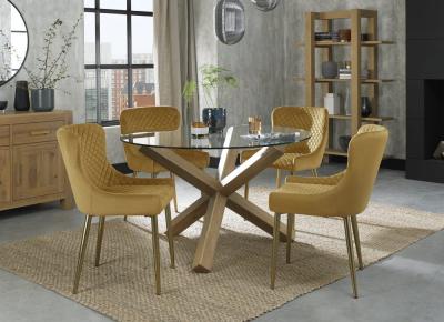 Bentley Designs Turin Glass 4 Seater Dining Table Light Oak Legs With 4 Cezanne Mustard Velvet Chairs Gold Legs