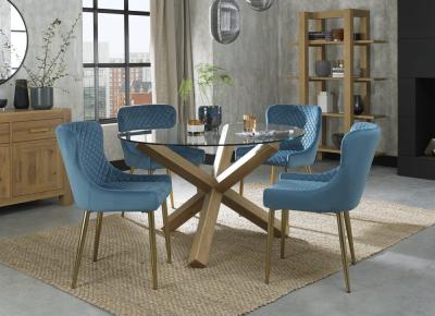 Bentley Designs Turin Glass 4 Seater Dining Table Light Oak Legs With 4 Cezanne Petrol Blue Velvet Chairs Gold Legs