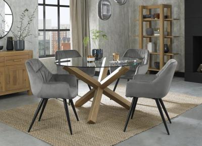 Bentley Designs Turin Glass 4 Seater Dining Table Light Oak Legs With 4 Dali Grey Velvet Chairs