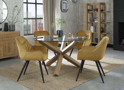 Bentley Designs Turin Glass 4 Seater Dining Table Light Oak Legs With 4 Dali Mustard Velvet Chairs