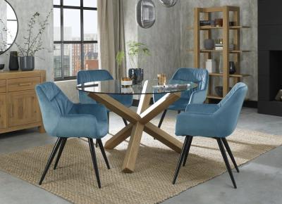 Bentley Designs Turin Glass 4 Seater Dining Table Light Oak Legs With 4 Dali Petrol Blue Velvet Chairs