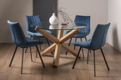 Bentley Designs Turin Glass 4 Seater Dining Table Light Oak Legs With 4 Fontana Blue Velvet Chairs