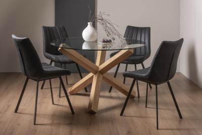 Bentley Designs Turin Glass 4 Seater Dining Table Light Oak Legs With 4 Fontana Dark Grey Suede Fabric Chairs
