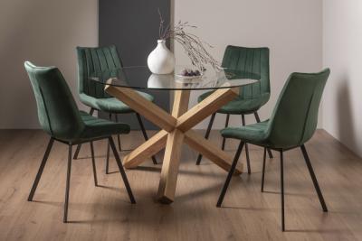 Bentley Designs Turin Glass 4 Seater Dining Table Light Oak Legs With 4 Fontana Green Velvet Chairs