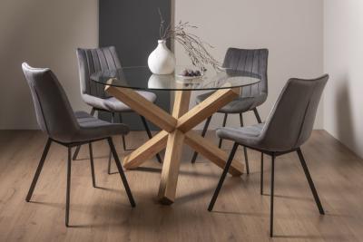 Product photograph of Bentley Designs Turin Glass 4 Seater Dining Table Light Oak Legs With 4 Fontana Grey Velvet Chairs from Choice Furniture Superstore