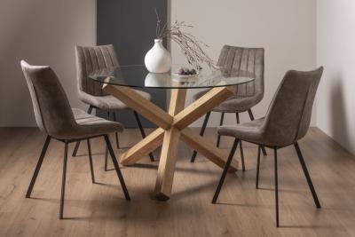 Product photograph of Bentley Designs Turin Glass 4 Seater Dining Table Light Oak Legs With 4 Fontana Tan Faux Suede Fabric Chairs from Choice Furniture Superstore