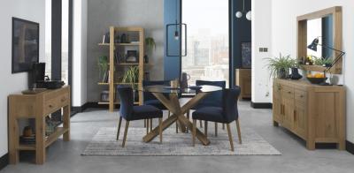 Bentley Designs Turin Glass 4 Seater Dining Table Light Oak Legs With 4 Low Back Chairs In Dark Blue Velvet