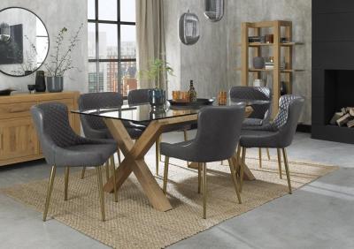 Bentley Designs Turin Glass 6 Seater Dining Table Light Oak Legs With 6 Cezanne Dark Grey Faux Leather Chairs Gold Legs