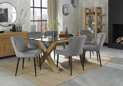 Bentley Designs Turin Glass 6 Seater Dining Table Light Oak Legs With 6 Cezanne Grey Velvet Chairs Black Legs