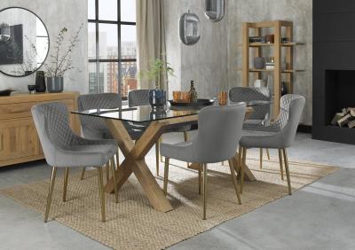 Product photograph of Bentley Designs Turin Glass 6 Seater Dining Table Light Oak Legs With 6 Cezanne Grey Velvet Chairs - Gold Legs from Choice Furniture Superstore