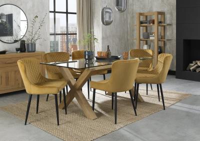 Product photograph of Bentley Designs Turin Glass 6 Seater Dining Table Light Oak Legs With 6 Cezanne Mustard Velvet Chairs - Black Legs from Choice Furniture Superstore