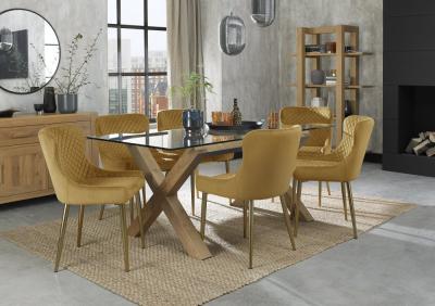 Product photograph of Bentley Designs Turin Glass 6 Seater Dining Table Light Oak Legs With 6 Cezanne Mustard Velvet Chairs - Gold Legs from Choice Furniture Superstore