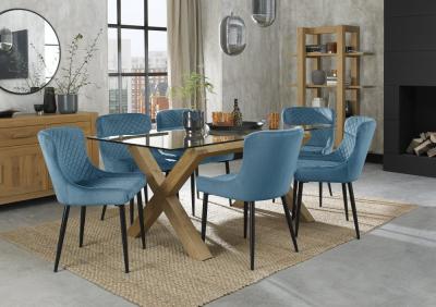 Product photograph of Bentley Designs Turin Glass 6 Seater Dining Table Light Oak Legs With 6 Cezanne Petrol Blue Velvet Chairs - Black Legs from Choice Furniture Superstore