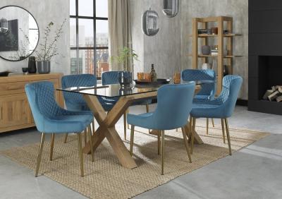 Product photograph of Bentley Designs Turin Glass 6 Seater Dining Table Light Oak Legs With 6 Cezanne Petrol Blue Velvet Chairs - Gold Legs from Choice Furniture Superstore