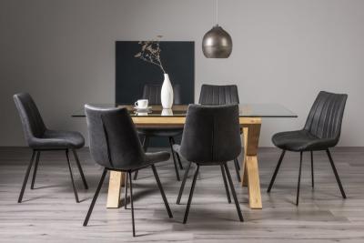 Bentley Designs Turin Glass 6 Seater Dining Table Light Oak Legs With 6 Fontana Dark Grey Suede Fabric Chairs