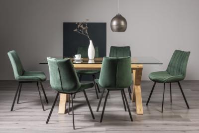 Bentley Designs Turin Glass 6 Seater Dining Table Light Oak Legs With 6 Fontana Green Velvet Chairs