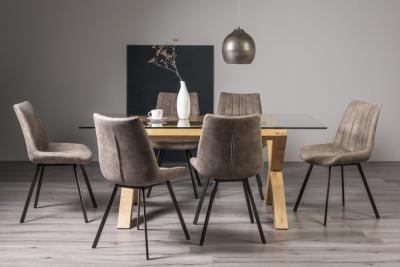 Product photograph of Bentley Designs Turin Glass 6 Seater Dining Table Light Oak Legs With 6 Fontana Tan Faux Suede Fabric Chairs from Choice Furniture Superstore