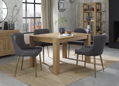 Bentley Designs Turin Light Oak 46 Seater Extending Dining Table With 4 Cezanne Dark Grey Faux Leather Chairs Gold Legs