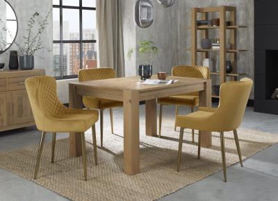 Bentley Designs Turin Light Oak 46 Seater Extending Dining Table With 4 Cezanne Mustard Velvet Chairs Gold Legs
