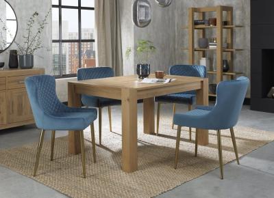 Bentley Designs Turin Light Oak 46 Seater Extending Dining Table With 4 Cezanne Petrol Blue Velvet Chairs Gold Legs