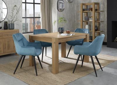 Bentley Designs Turin Light Oak 46 Seater Extending Dining Table With 4 Dali Petrol Blue Velvet Chairs