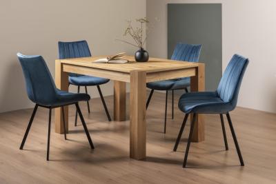 Bentley Designs Turin Light Oak 46 Seater Extending Dining Table With 4 Fontana Blue Velvet Chairs