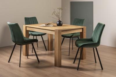 Bentley Designs Turin Light Oak 46 Seater Extending Dining Table With 4 Fontana Green Velvet Chairs