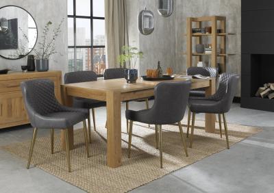 Bentley Designs Turin Light Oak 610 Seater Extending Dining Table With 8 Cezanne Dark Grey Faux Leather Chairs Gold Legs