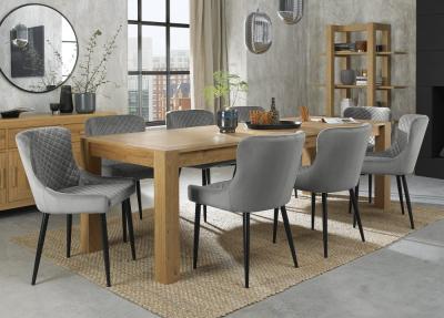 Bentley Designs Turin Light Oak 610 Seater Extending Dining Table With 8 Cezanne Grey Velvet Chairs Black Legs