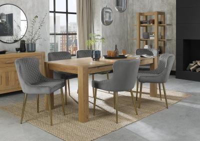 Bentley Designs Turin Light Oak 610 Seater Extending Dining Table With 8 Cezanne Grey Velvet Chairs Gold Legs