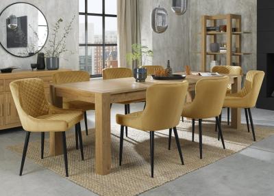 Bentley Designs Turin Light Oak 610 Seater Extending Dining Table With 8 Cezanne Mustard Velvet Chairs Black Legs