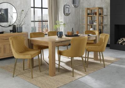 Bentley Designs Turin Light Oak 610 Seater Extending Dining Table With 8 Cezanne Mustard Velvet Chairs Gold Legs