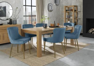 Product photograph of Bentley Designs Turin Light Oak 6-10 Seater Extending Dining Table With 8 Cezanne Petrol Blue Velvet Chairs - Gold Legs from Choice Furniture Superstore
