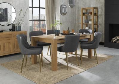 Bentley Designs Turin Light Oak 68 Seater Extending Dining Table With 6 Cezanne Dark Grey Faux Leather Chairs Gold Legs