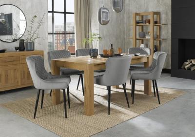 Bentley Designs Turin Light Oak 68 Seater Extending Dining Table With 6 Cezanne Grey Velvet Chairs Black Legs