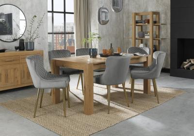 Bentley Designs Turin Light Oak 68 Seater Extending Dining Table With 6 Cezanne Grey Velvet Chairs Gold Legs