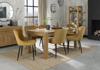 Bentley Designs Turin Light Oak 68 Seater Extending Dining Table With 6 Cezanne Mustard Velvet Chairs Black Legs