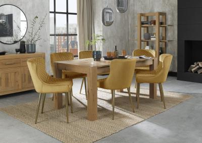 Bentley Designs Turin Light Oak 68 Seater Extending Dining Table With 6 Cezanne Mustard Velvet Chairs Gold Legs