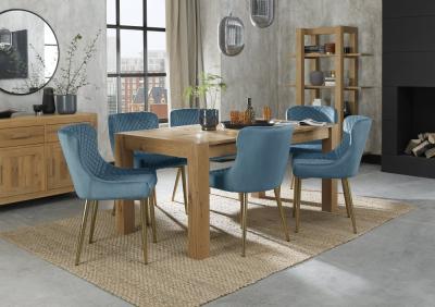 Bentley Designs Turin Light Oak 68 Seater Extending Dining Table With 6 Cezanne Petrol Blue Velvet Chairs Gold Legs
