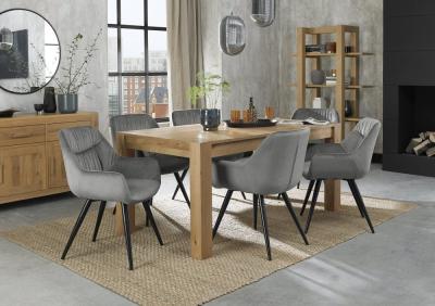 Bentley Designs Turin Light Oak 68 Seater Extending Dining Table With 6 Dali Grey Velvet Chairs