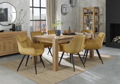Bentley Designs Turin Light Oak 68 Seater Extending Dining Table With 6 Dali Mustard Velvet Chairs