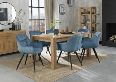 Bentley Designs Turin Light Oak 68 Seater Extending Dining Table With 6 Dali Petrol Blue Velvet Chairs